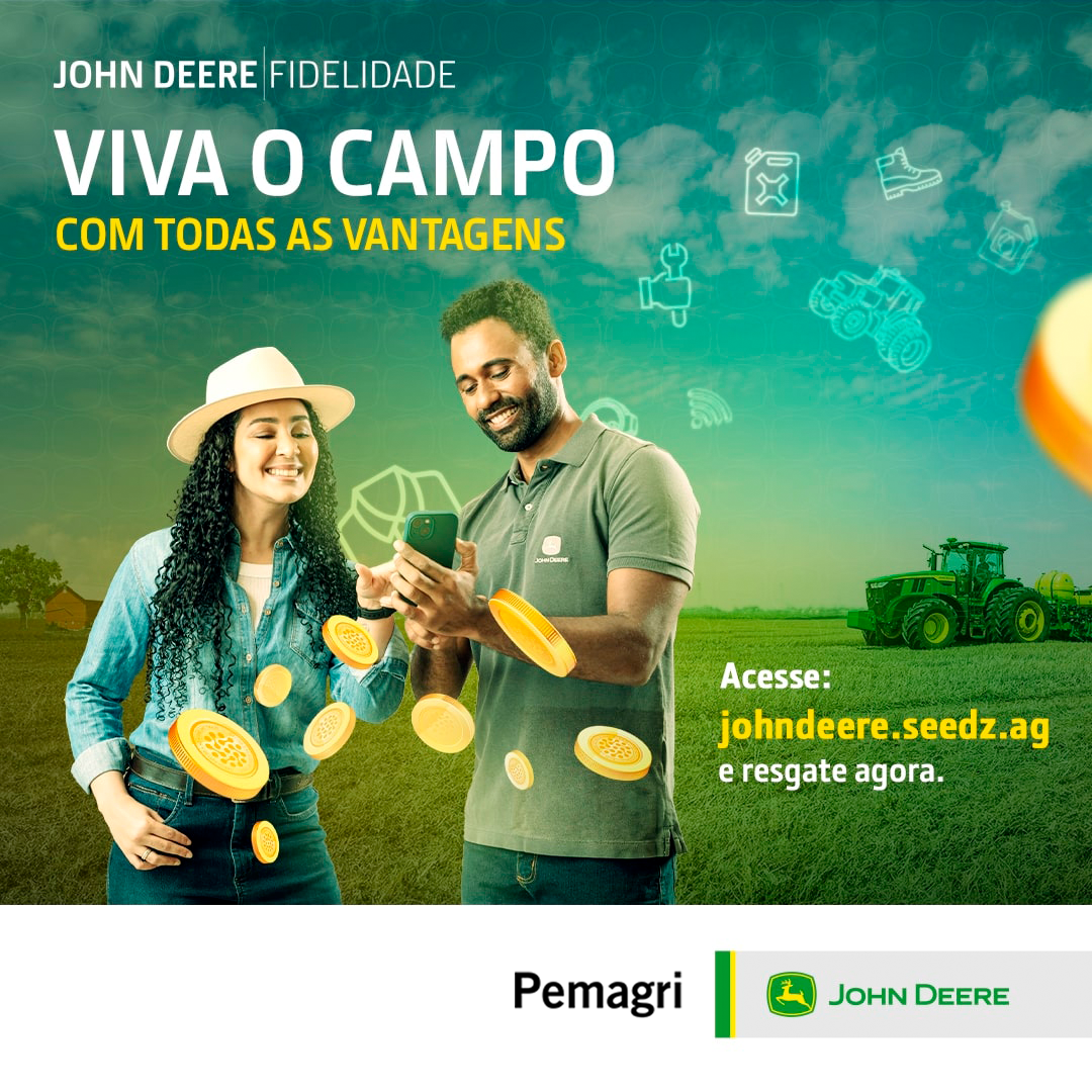 Aproveite seus benefícios com o John Deere Fidelidade!  Acumule moedas Seedz e troque por produtos, serviços e experiências exclusivas para você e sua fazenda!  Confira seu saldo e resgate agora mesmo em uma concessionária Pemagri.  Acesse: johndeere.seed