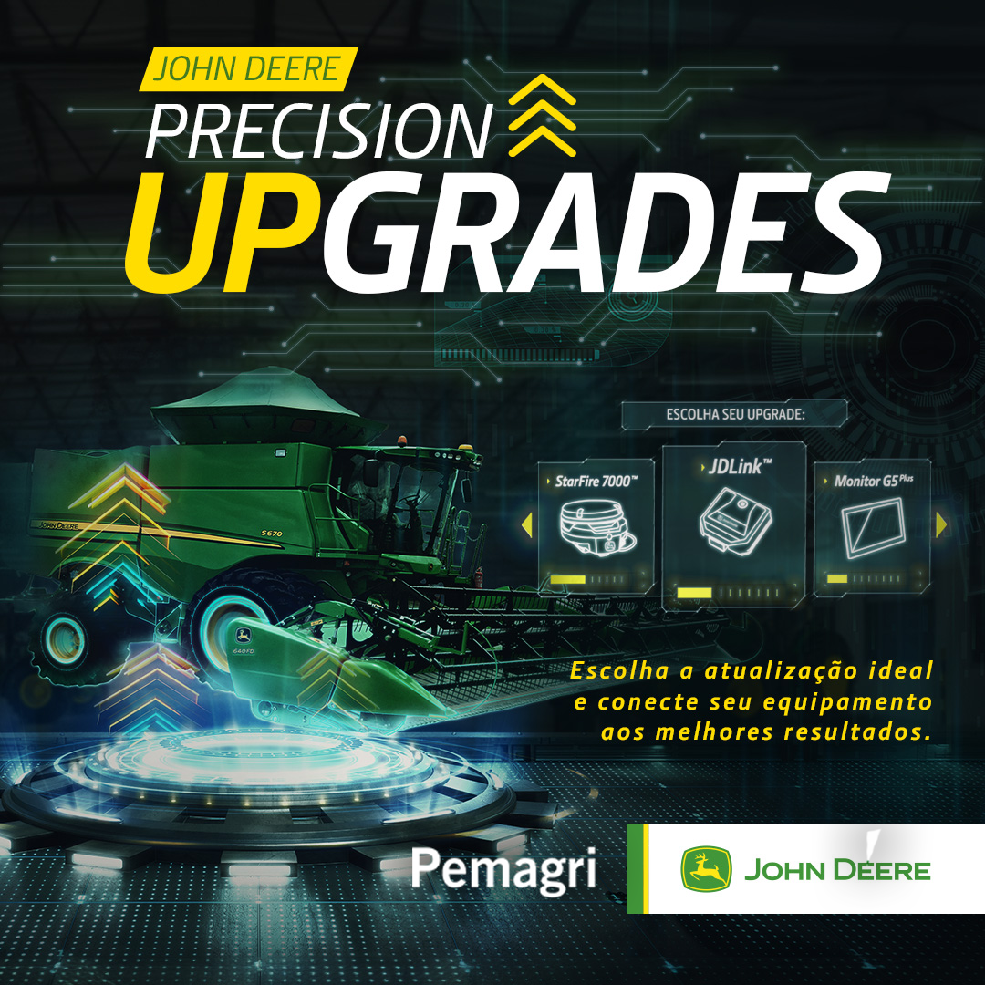 O que são os John Deere Precision Upgrades ? Os kits de atualização John Deere Precision Upgrades foram criados para modernizar o maquinário que você já possui, trazendo as mais novas tecnologias da  John Deere. Com esses kits, você terá maior precisão e 